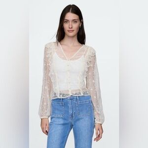 Gap Feminine Victorian Lace Cottage Core Ruffled Sheer Blouse Top Overlay